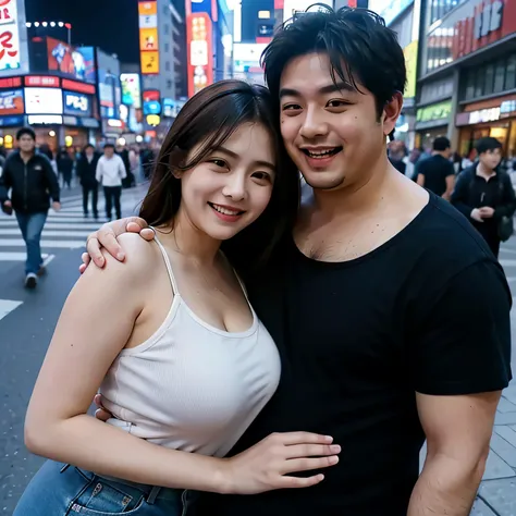 Man and woman hugging each other, Men are obese over 100 kg, Women are cute, Crossroads in Akihabara, Both men and women are laughing, Womens breasts are busty, the female body shape is slender, Woman looking at camera, Men are looking at women,