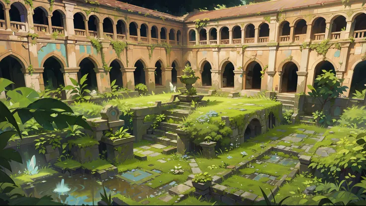 best quality,ultra-detailed,abandoned cloister garden yard,overgrown vegetation,crumbling stone walls,weathered statues,mysterious atmosphere,quiet and serene,secret hidden corners,dappled sunlight,soft moss-covered path,ruined fountain,ancient architectur...