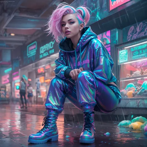 (poster) y2k aesthetic, ((woman with iridescent cotton candy hair in a holographic crop top hoodie)), (photorealistic:1.5), ((scifi fantasy art)), (platform pump boots), aquarium, Cyan, Green, Purple, pink, yellow, Blue, gradient, Black Background, full bo...