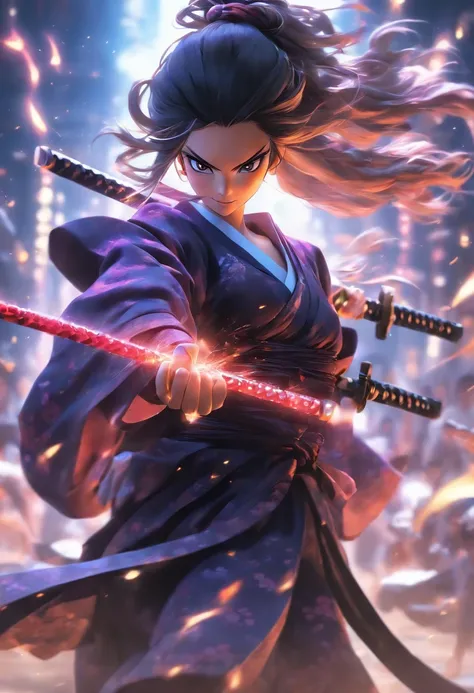 Fullbody shot, from ground level, high velocity, Ultra Realistic Photo, strong female model wearing a samurai robe, white eyes, lighting hands, rendering by octane, elegantly, smiling, holding a giant sword, black , dark purple, black colors. Ponytail hair...