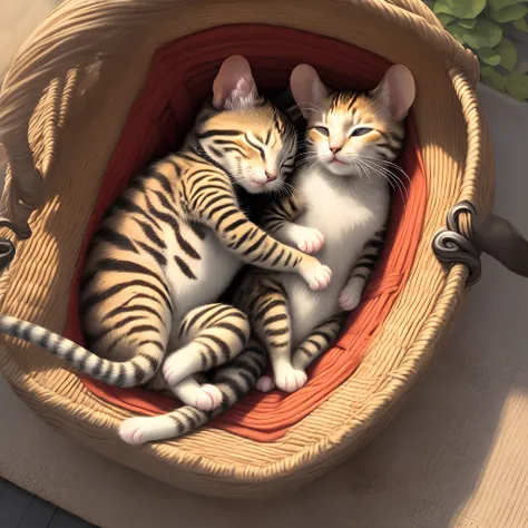 A red striped kitten sleeps in a wicker basket, A mouse sits next to him and looks at him