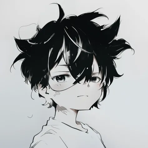 Drawing of a boy with black hair and a white shirt, in an anime style, boy has short black hair, Anime boy, subtle anime style, flat anime style shading, In anime style, 2 d anime style, with a sad expression, cute anime face, anime shading), inspirado em ...