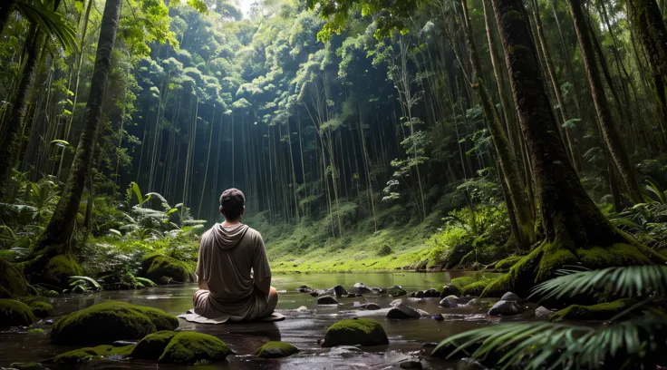 um homem meditando, hes a powerful Star Wars Jedi, is meditating in the middle of a forest in the Amazon, pouco antes de partir para batalha em uma galaxia muito distante, a sombra de um imperial destroyer que esta a cima da floresta, detalhado, perfeita e...