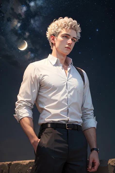 white man short curly hair looking at moon starry sky