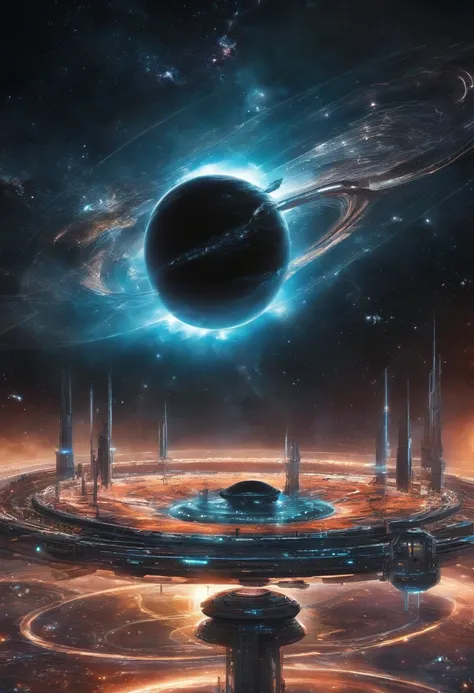 Starbase, In orbit of a supermassive black hole，There is a beautiful accretion disk, Similar to the base of a Dyson ball, Futuristic and all-metal base, In the vacuum of space.