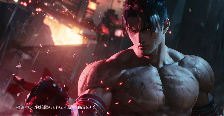 a close up of Jin Kazama, as a character in tekken, tekken 8, tsurumaki jin, shinkiro toshiaki mori, tekken, shinkiro, inspired by Kanō Hōgai, kazuma kaneko, jin kazama, ps5 cinematic screen capture, tom cruise as kenshiro, epic wallpaper, detailed