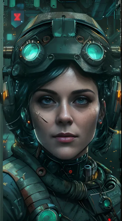 analog style, high resolution, (((masterpiece))), coal miner, female, (sexy:0.9), dirty, cyberpunk, futuristic, sci-fi, very detailed, short hair, Award-winning movie poster, (((photorealistic)))