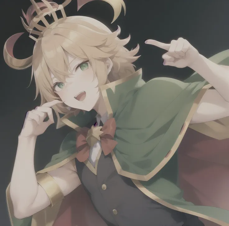 anime boy with a crown on his head and a hand up, the former demon king, wearing a crown and cape, wearing a crown and suit, wearing a crown and green cape, in a crown, with a crown, with index finger, wearing a crown