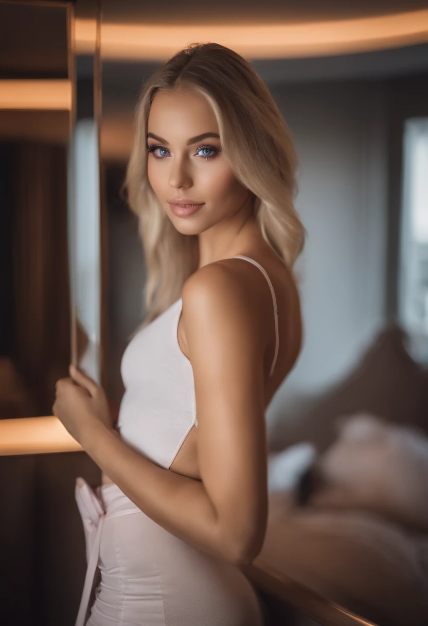 woman with matching tank top and panties, Sexy girl with blue eyes, portrait sophie mudd, portrait corinna kopf, blonde hair and large eyes, Selfie in club, Augen im Schlafzimmer, Violet Myers, ohne Make-up, Natural makeup, Blick direkt in die Kamera, Gesi...