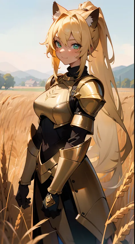 (Original Character,8k, Masterpiece, Best Quality,Detailed, Beautiful Detailed Eyes, solo),1girl ,20s,mature female,happy face,black ande golden knight armor,medium tits,blonde hair,long hair,ponytail hair,green eyes,(blonde Cat ears),((standing in a a rur...