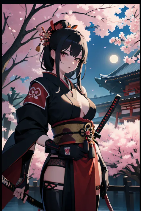 (Masterpiece, Best Quality), 8k Wallpaper, highly detailed, sexy female ronin, samurai, cherry blossom flowers border, japanese tattoos,  katana, japan, night, moonlight, vector style art, erotic, movie poster style, lettering.