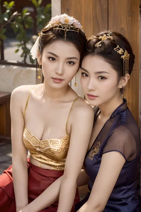 a couple of lesbians sitting together,leering:1.4,Taoist,single hair bun,(An ancient Chinese hairstick on her head:1.5),Use mahogany hairpins,(Revealing a translucent cheongsam),(Urzang-6500-V1.3,PureFace_V1,Octane rendering),Elegant Pose,xxmix girl woman,...