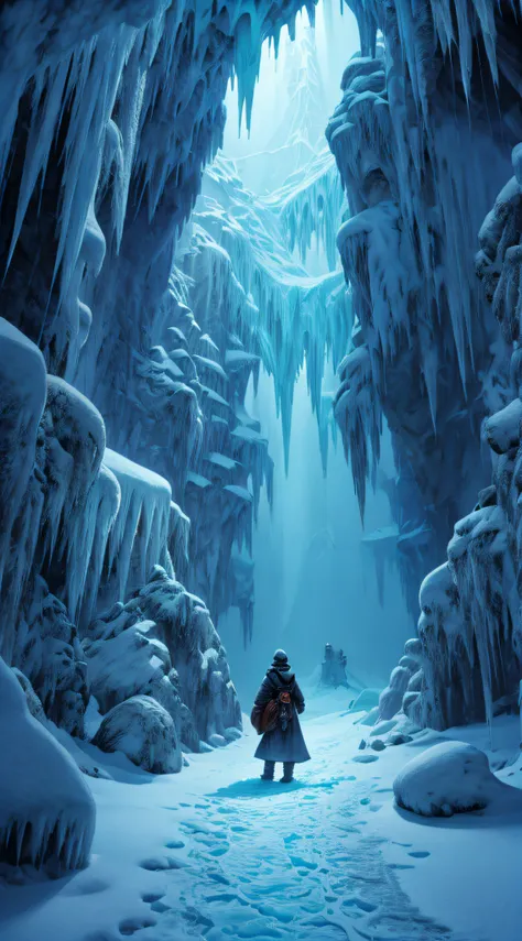 hidden underground tunnels,beneath antarctic ice,icy tunnels,deep beneath the frozen surface,snow-covered passages,secret chambers,dark and mysterious corridors,subterranean world,cold and desolate,glowing ice walls,glistening stalactites,crystal clear,cru...