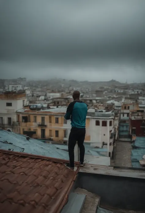 garoto de 12, loiro olhos azuis pele branca, on the roof of a building, Hero pose in the middle of the rain, wearing a pair of pair of pair of pants and a t-shirt for cold weather