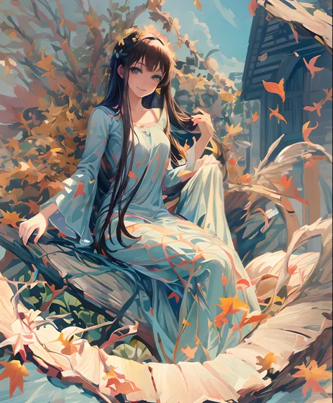 (High quality, 8K), garden, wood bench, Brown dress with woman with flowers in hair, beautiful anime artwork, Beautiful anime, Beautiful Anime Portrait, beautiful anime art, guweiz, Beautiful anime girl, clean detailed anime art, soft anime illustration, a...