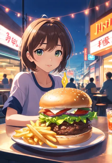 hamburger, french fries, A glass of soda, super detaill, hyper realisitc, hight resolution