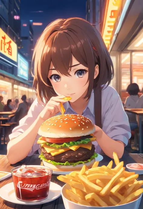 hamburger, french fries, A glass of soda, super detaill, hyper realisitc, hight resolution