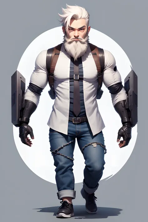 male, full-body, (chibi:1.3), beard, narrow eyes, technocrat, reticence, uncouth, integrity, detailed face, animation, eccentric, white background, medium hair, jeans, simple shirts, sober, machine-like appendages, photosynthetic skin, machine-based weapon...