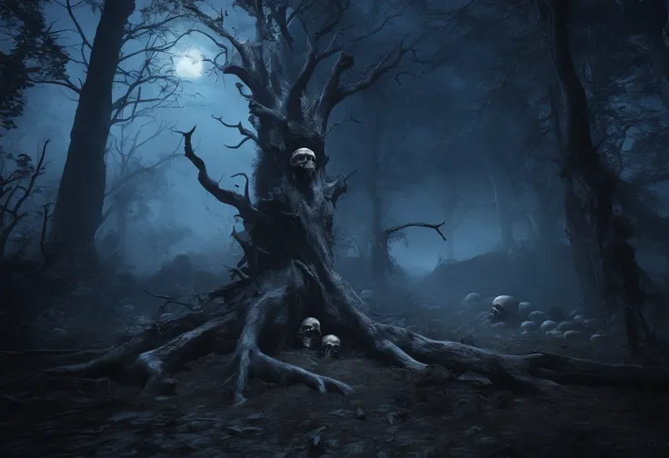 Best dark forest landscape at night with mist and dry trees, skulls, deathia, nigth, darkly, shadowing, ultra-realistic realism, blue tint, Dark night forest in blue tones, best qualityer, Ultra photo realsisim, High definition, Extreme attention to detail...