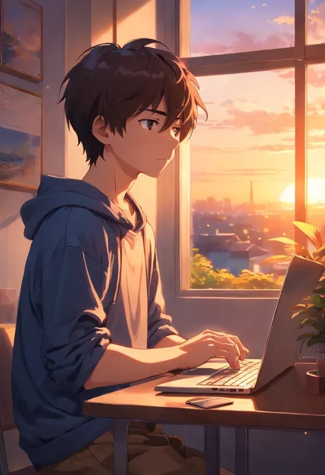 best quality, 4k, highres, masterpiece:1.2, movie still, 1boy sitting close to window with its laptop, detailed face, detailed fingers, sunlight streaming through the window casting warm soft lighting, sunset, close-up of the boys happy expression, vibrant...