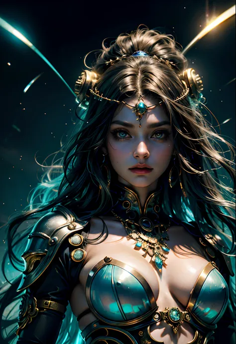 In a futuristic steampunk realm, capture a mesmerizing photograph of a druidic Indian woman adorning intricate armor. Her piercing gaze holds defiance as ethereal magic spells emanate, while her eyes shimmer with a holographic glow. Let the meticulous deta...