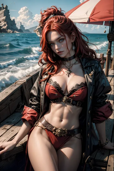 Gorgeous pirate girl on a pirate ship at sea, red hair, oily skin, perky teats , sexy masterpiece, best quality, highest quality, high definition, highly detailed, 8K, athletic and fit body, naughty, perfect hands, detailed hands, perfect eyes, detailed ey...