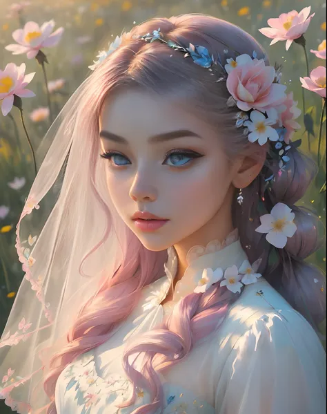 The colors in this image are soft and draw inspiration from gentle watercolors and should be primarily pink. Generate a delicate and tranquil flower princess with soft hair dancing in the wind and intricately braided. Her sweet face has puffy, kissable lip...