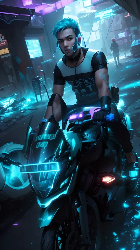 Best Quority， Super-High Resolution， （realisticlying：1.4）， A cool boy in a glowing translucent material，blue hairs，headset on head，cyberpunked，Swing motion，Side shot，fullllbody，Leaning against the black motorcycle，Street colorful clothes，There are a lot of...