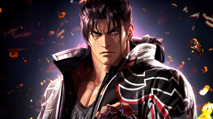 a close up of jin kazama, as a character in tekken, tekken 8, tsurumaki jin, shinkiro toshiaki mori, tekken, shinkiro, inspired ...