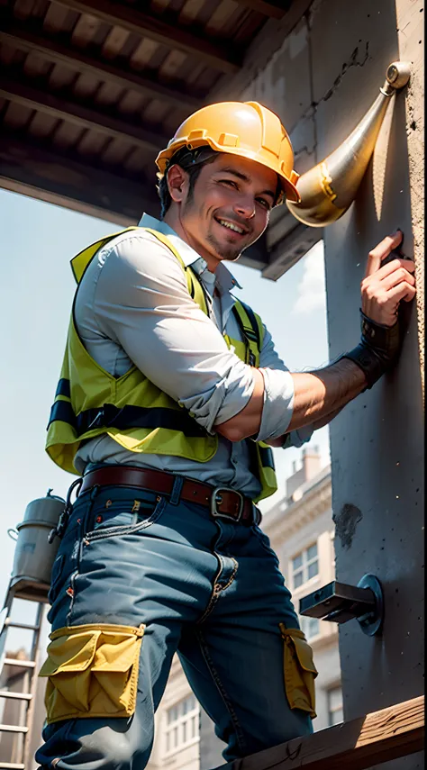 Photo of a construction professional with a horn hat putting cement on a wall on a scaffold, underneath the scaffold, a person with a shit-shaped hat looking straight ahead and smiling