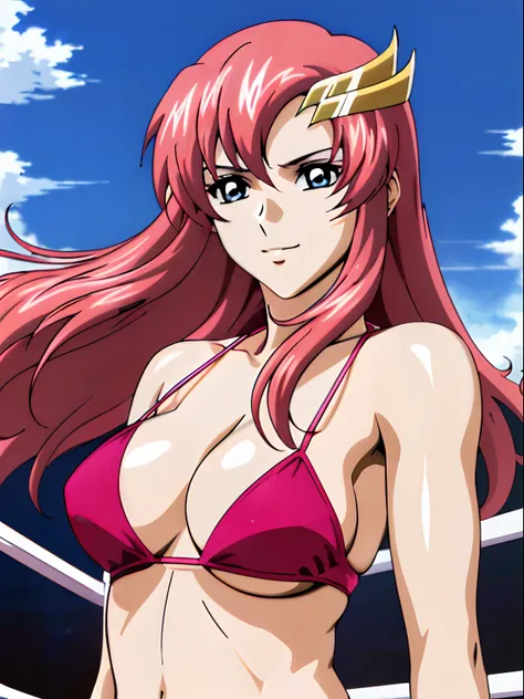 (masterpiece, upper body view, 8k, Best Quality, Anime style: 1.9,, Adult Woman, ultra detailed face, (cloud background, wrestling), Drawing lines, high resolution, Anime, lacus4), 1girl, Solo, curvy figure, Long hair, 鎖骨, scapular, (Detailed wide hair ban...