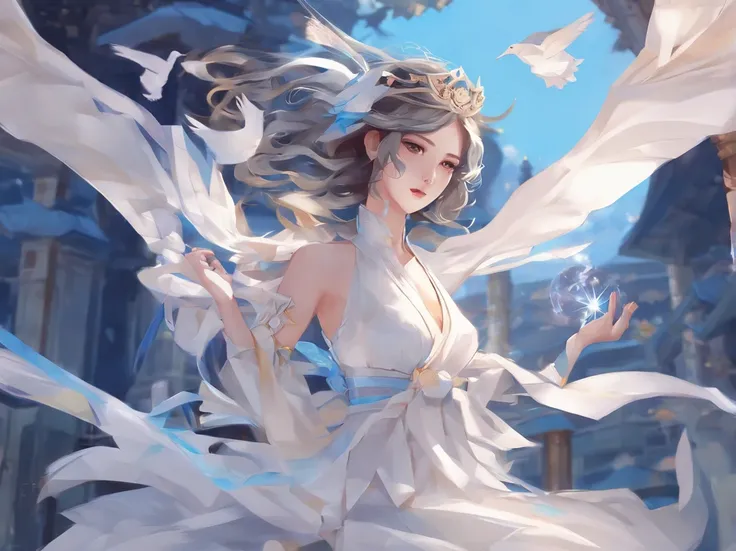 Anime girl and sword in white and blue dress, anime goddess, a beautiful fantasy empress, ((a beautiful fantasy empress)), palatial palace ， a girl in hanfu, Cute anime waifu in a nice dress, beautiful alluring anime woman, guweiz on pixiv artstation, guwe...