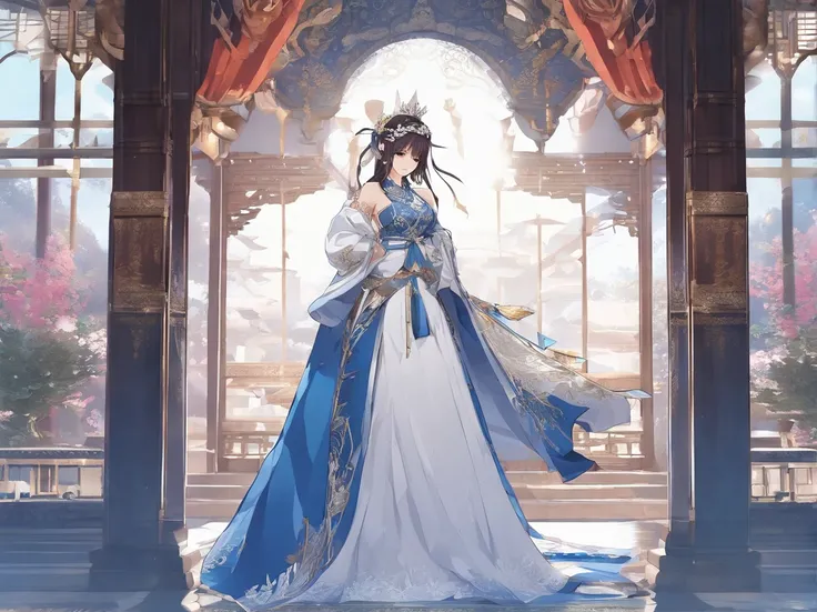 Anime girl and sword in white and blue dress, anime goddess, a beautiful fantasy empress, ((a beautiful fantasy empress)), palatial palace ， a girl in hanfu, Cute anime waifu in a nice dress, beautiful alluring anime woman, guweiz on pixiv artstation, guwe...