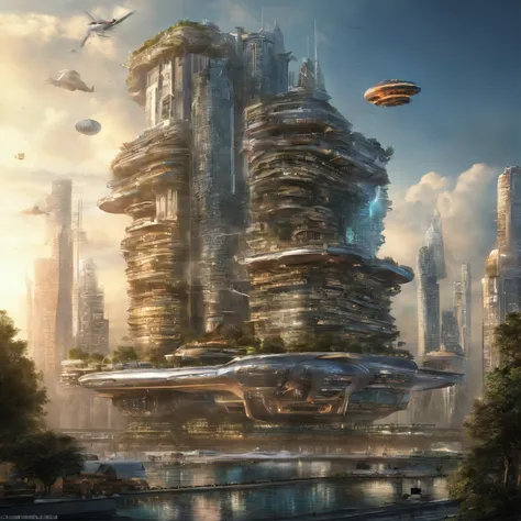 Create futuristic transcendentalist works of art, Imagine a floating city in the sky, The building structure is complex，Technologically advanced. Depict this futuristic city in rich detail, Capture bright lights, Suspended platforms and crisscrossing aircr...