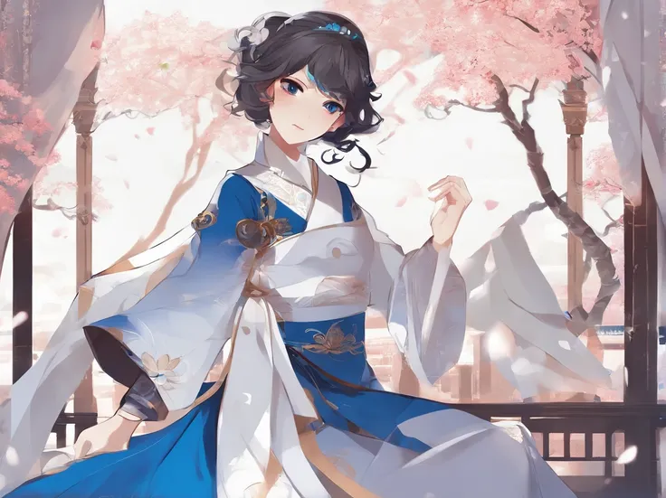 Anime girl and sword in white and blue dress, anime goddess, a beautiful fantasy empress, ((a beautiful fantasy empress)), palatial palace ， a girl in hanfu, Cute anime waifu in a nice dress, beautiful alluring anime woman, guweiz on pixiv artstation, guwe...