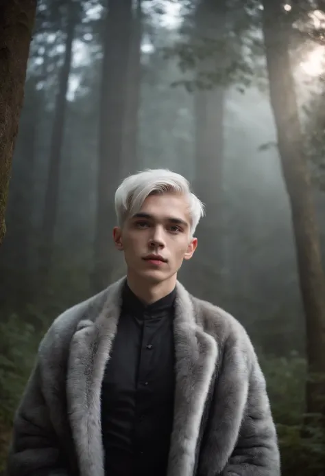 Young man, 20 years old, white hair, two block haircut , shirtless wearing a black fur coat, standing in the forest at night, portrait, magical light, surrounded by fog