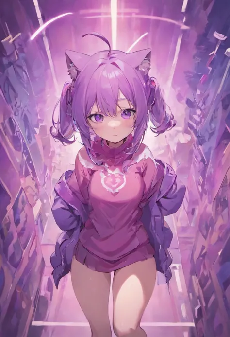 Masterpiece, Best quality, 1girll, ((view the viewer)), Lilac hair, Purple eyes, Long hair,  ahoge, Sweater, Sweater skirts, Pantyhose, 163cm, hair between eye, Large breasts, Adult, 33 years old, mature, Glasses, Solo, sole, Smile, Cat ears, Cat tail, Fan...