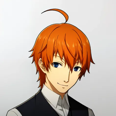 portrait, solo, 1boy, (white background, simple background), orange hair, blue eyes, black school uniform, silly smile, goofy, ahoge, grey eyes