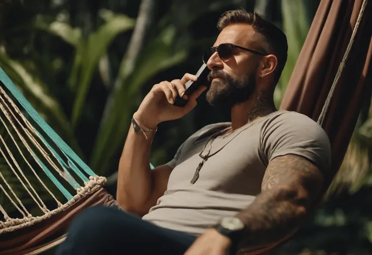 A middle-aged man sitting in a realistic hammock, facing the fan, with tattoos and a cellphone in his hands, enjoying the breeze.
(best quality,4k,8k,highres,masterpiece:1.2),ultra-detailed,(realistic,photorealistic,photo-realistic:1.37),comfortable,relaxi...