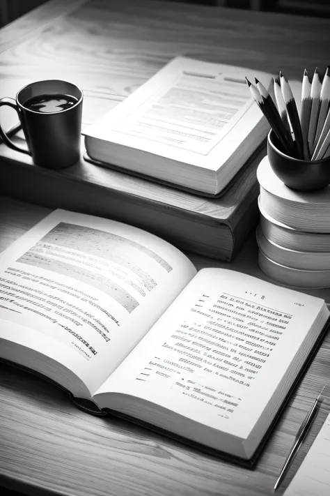 Book, pencil on the desk in black and white