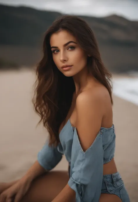 Arafed woman in tight bikini, Sexy girl with brown eyes, portrait sophie mudd, brown hair and large eyes, selfie of a young woman, beach eyes, no makeup, natural makeup, looking straight at camera, face with artgram, fine makeup, Stunning full-length shot,...