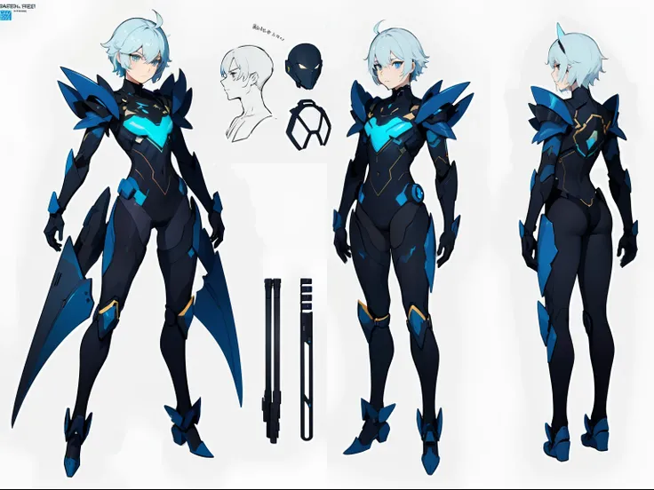 femboy wearing a lightly armoured body suit, sci-fi themes, chest armour, shoulder armour, gundam，master part, best quality, arte oficial, Sketch line diagram, eye blue, front view, back view, and side view of character,