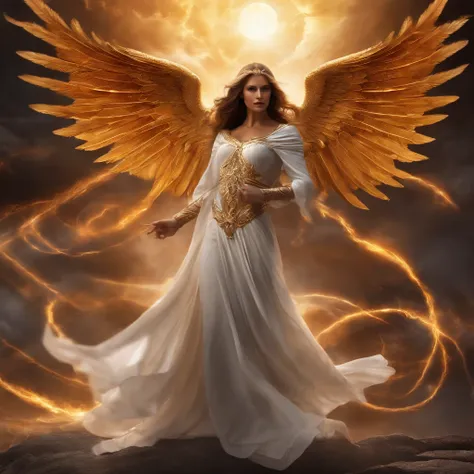 an beautiful angel with a majestic golden halo,string flowing white gown, capturing the sunlight, hovering in mid-air, wielding a gleaming sword of justice,engaged in an intense battle against a terrifying demon with fiery red eyes and sharp claws. The ang...