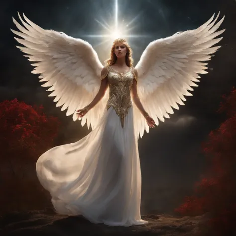 an beautiful angel with a majestic golden halo,string flowing white gown, capturing the sunlight, hovering in mid-air, wielding a gleaming sword of justice,engaged in an intense battle against a terrifying demon with fiery red eyes and sharp claws. The ang...