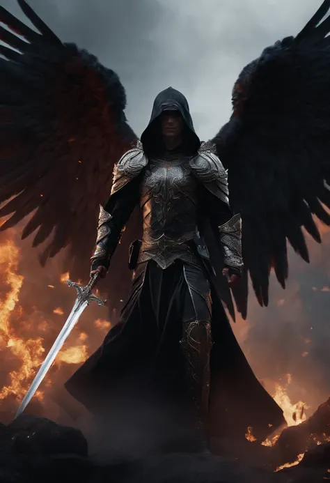 Realistic, 4K, Angels with big wings, Black clothes, one sword, Head hood in war background image (chaos)