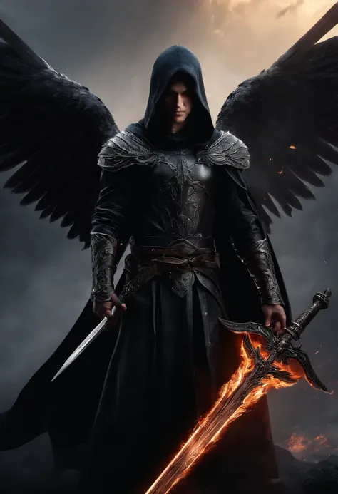 Realistic, 4K, Angels with big wings, Black clothes, one sword, Head hood in war background image (chaos)