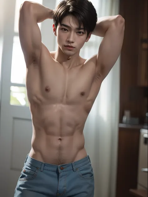 (absurderes, A high resolution, Ultra detailed, hdr), Masterpiece, Best quality, 1 boy，Teen boy, japanese face, hansome boy，shirtless, bare chest, (showing armpit:1.4), shorts, smooth armpit, Smooth skin, slim body, skinny body，Elaborate Eyes， ( bokeh, Out...