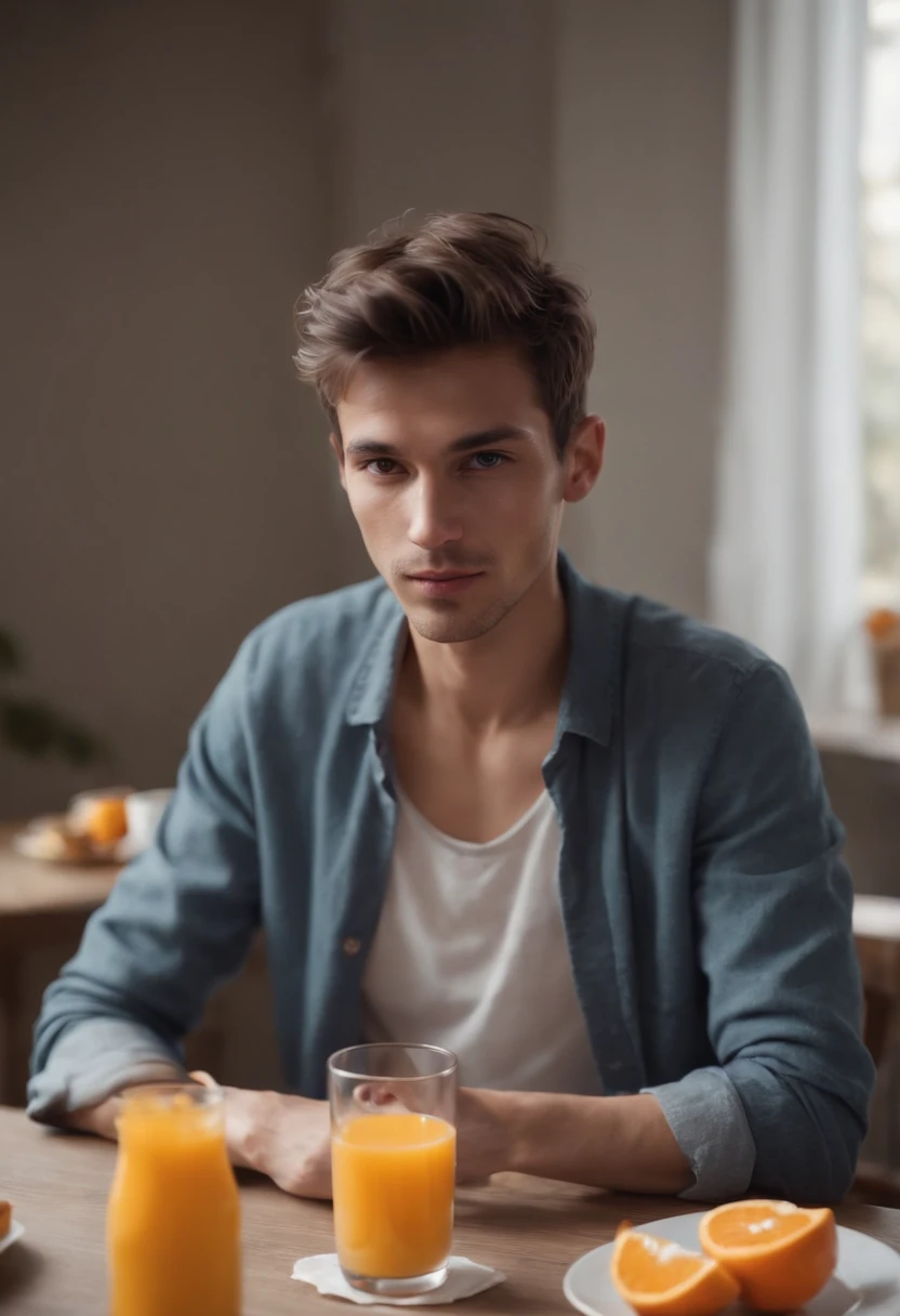 Skinny guy, mexican, slightly messy hair, sitting at a table having breakfast, drinking orange juice, pills on the table, very handsome, baggy clothing