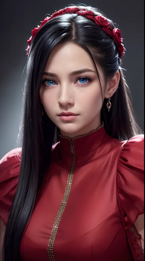 (Best quality,4K,8K,A high resolution,Masterpiece:1.2),Ultra-detailed,(Realistic,Photorealistic,photo-realistic:1.37),beautiful detailed blue eyes,Long black hair in a high bun,Detailed red veil,Portrait,Sharp focus,professional,Vivid colors,Dark backgroun...