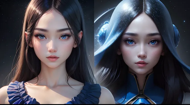 Beautiful woman。Details of face。Beautiful double eyes。Passed nasal muscles。well-shaped lips。Wearing clothes that look like blue dresses。Outer space on female background。masutepiece。of the highest quality。８K image quality。